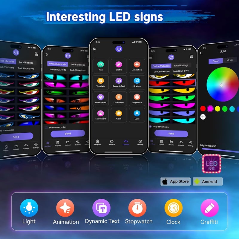 GOTUS Devil Eyes Light for Cars,Flexible Scrolling Programmable LED Signs,LED Eyes for Truck Windshield,Custom Editor Colours,Animations,Text (19"x 5"/2Pcs) - Image 4